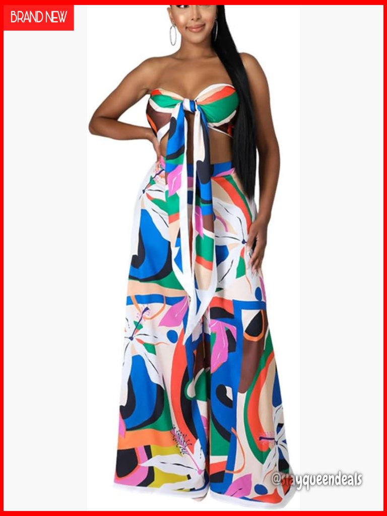 2-Piece Sleeveless Crop Top & Wide Leg Slit Pants Set Boho Vacation Outfit